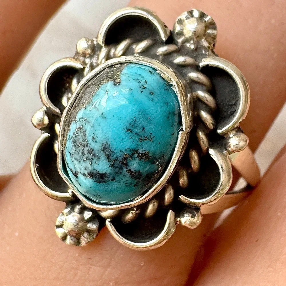 Navajo Flower Ring Turquoise Sz 8 Sterling Silver Signed Morgan Native Amer